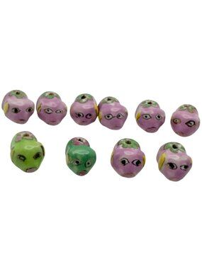 Hand-Painted Ceramic Green Pink Pig Beads Set Of 10